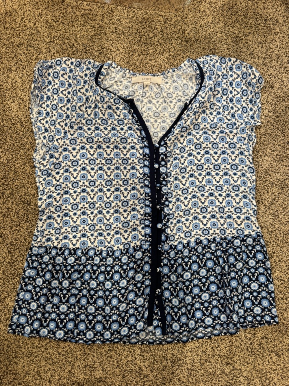 LOFT Navy and White Printed Cap-Sleeve Blouse